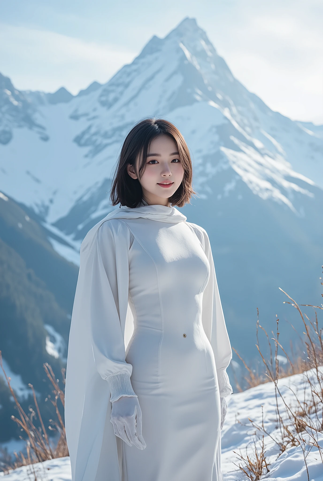 (ultra Realistic) , (illustration), (Enhance resolution), (8k), ( Extremely Detailed), ( detailed face ), Slim Body, in the dark , deep shadow, low profile, pureerosfaceace_v1, Happy smile, Winter, Mountain