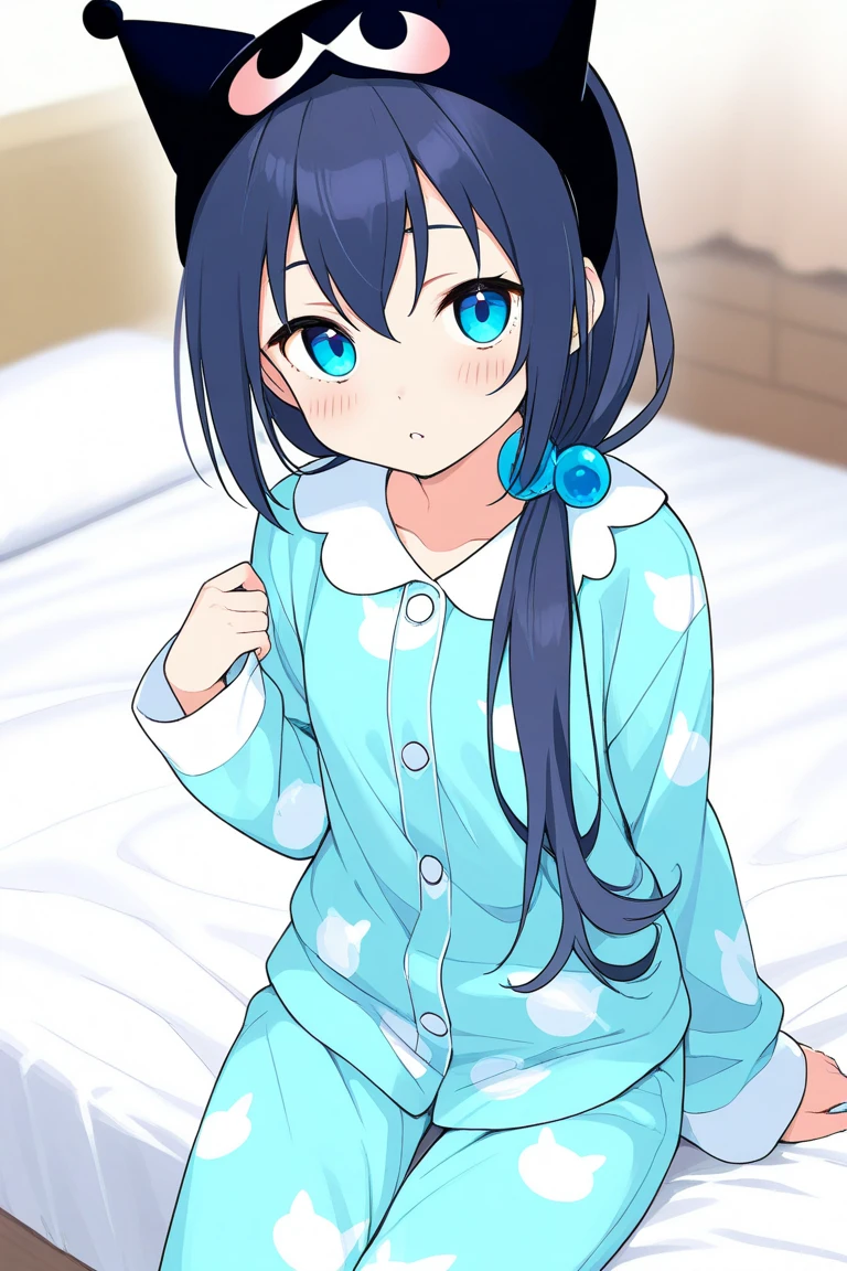 high quality, 最high quality、 Stylish design, (((The cutest girl))), ((Thin legs))、(((最high quality))), High resolution, ((detailed)), ((masterpiece)), ((Super detailed)), 14-year-old girl,(Black Hair、pastel colourのインナーカラーヘアスタイル、Headband),((Quite a large T-shirt、A bra is visible underneath、pastel colour 、underwear)),((Sexual)),((Top View))、Shyness、smile