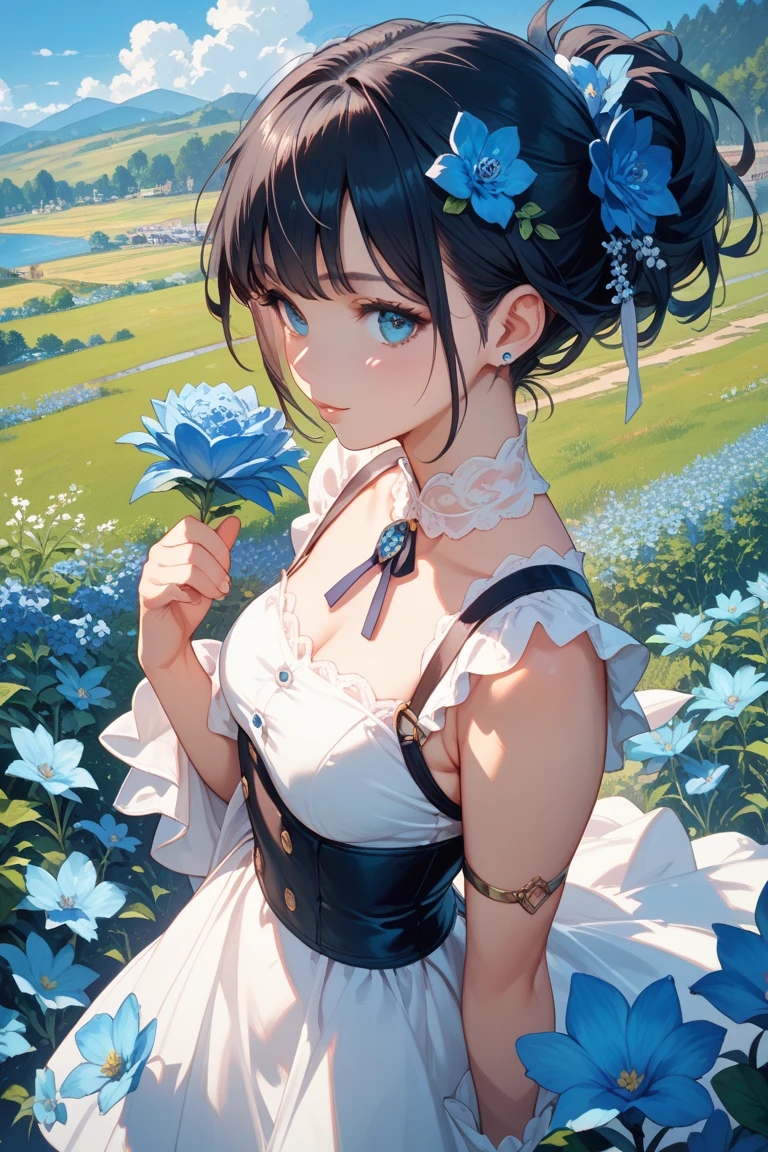 正面，Upper body body，comic strip，（illustration：1.3），painting of a，oilpainting，Sorissos，spring time，A girl with，puff sleeves，Exposed shoulder，Showy clothes，skirts，Loose skirt，brown  hair，garland，Finely Beautiful Eyes，Delicately drawn face，smil，butterflys，outskirts，Multicolored flowers，Little River