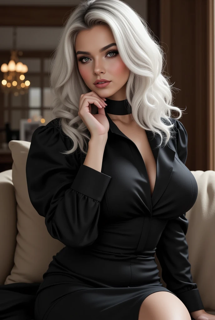 Lucy Pinder, face portrait, ((very intense makeup)), Geisha, sexy woman, voluptuous woman, smiling, Adele, long hair, white hair, gray blouse, belt, black skirt, fishnet pantyhose, smiling