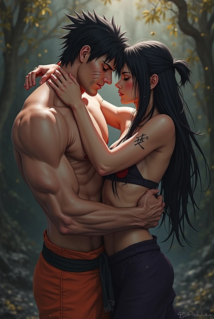a handsome oni boy with red tribal markings on his body, with golden eyes and red and black hair, shirtless, wearing torn shorts, hugging a bunny girl with long blue hair and tail and black eyes, dressed in a sensual thong and a bra in brown colors, in the middle of a forest, detailed image, high definition, couple hugging, oni boy and bunny girl, sensual, nfsw