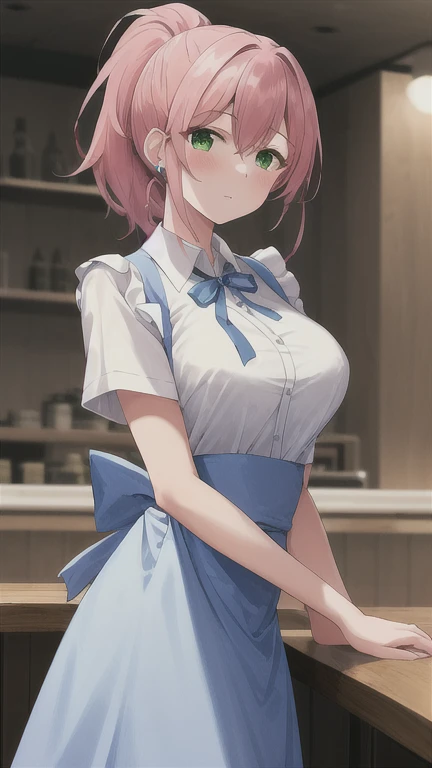 masterpiece, best quality, ultra-detailed, glistening shiny, glowing light, ray tracing, HDR, deph of field, (perfect face, detailed face), <lora:KayaBlanche:0.7>, kayablanche, purple eyes, low-tied long hair, ponytail, smile, maid uniform, skirt lift, thong, standing, cafe