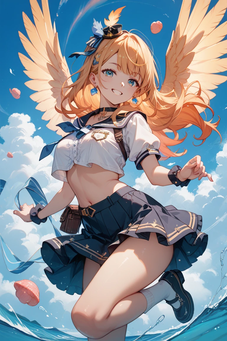 masterpiece,(ultra-detailed),1girl, mysterious heroine xx \(fate\), half_eyes,smile,open mouth, swimsuit, white bikini, side-tie bikini bottom, shrug \(clothing\), jacket, thigh strap, wristband, large_breasts, ocean, splashing,blonde_ponytail,open_legs,cap,happiness,