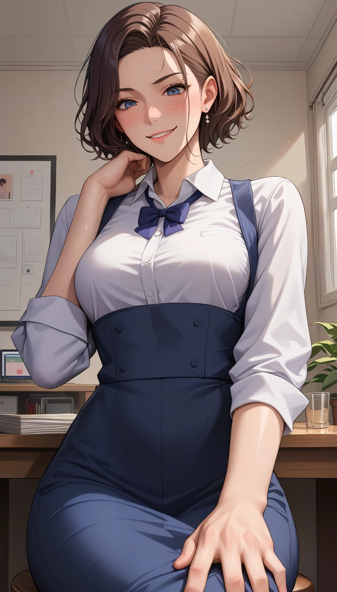 score_9, score_8_up, score_7-up, score 6-up, scoreS score 4_up, source: anime , tag1, tag 2, 最high quality of wavy lines, high quality of wavy lines, Thorough, nothing, 8k, 超nothing, Soft Saturation, Professional quality, perfect contrast, viewers watching viewers , human anatomically accurate, completely complete, completely complete, perfect hair, Completely, perfect body, completed before the shot, Perfect Arms, perfect skin, Clear Face, Super Skinny, wide waist, huge ass, sensual woman with hands on her knees, hits an embarrassing, , OK, Shy Blake Miniskirt 、grabbing own bust、smirking with a blush、 looking down at the chest