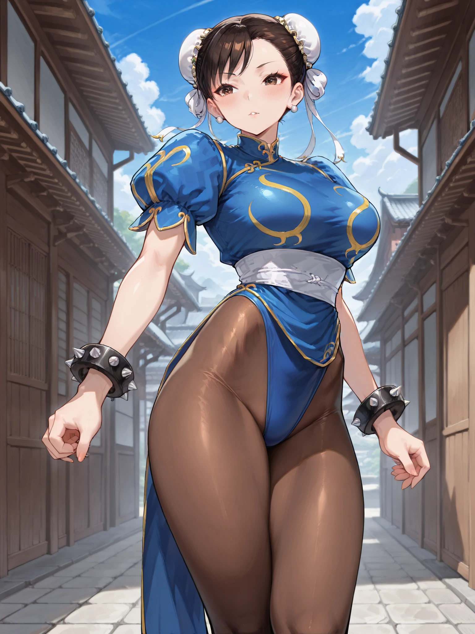 Chun-Li,linda jovem com uniforme azul classico, coxas grossas, belas coxas sexy,um pouco muscolosa, cabelo preso, black tights,cidade chinesa a tarde, Standing alone.solo, roupa azul, saia azul, olhar serio, belos olhos, belo rosto bem detalhado, olhos e sobrancelhas detalhado.olhos castanhos escuros,sunset, yellow sun lighting