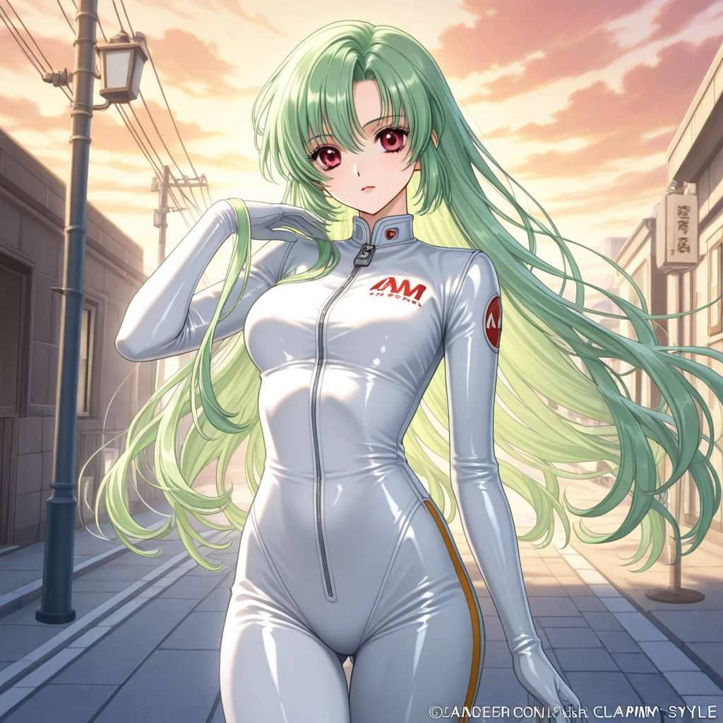 masterpiece, best quality, very aesthetic, absurdres, 1girl, mature_lady,(cum_on_body:1.2),neon genesis evangelion, rebuild of evangelion, white bodysuit,pilot suit,interface headset,turtleneck,,c.c(code_geass), 1girl, crossed_bangs, eyes_visible_through_hair, green_hair, medium_breasts, straight_hair, very_long_hair, yellow_eyes,,in street,glowing stardust frontground,fantasy,sparkling,fireflies,