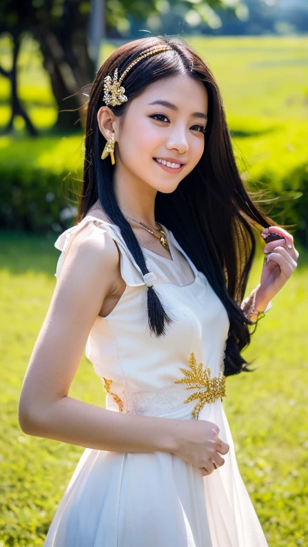 girl with、Put your hand to your mouth and smile、full body Esbian、Distinctive ethnic hair ornaments、Characteristic ethnic shoes