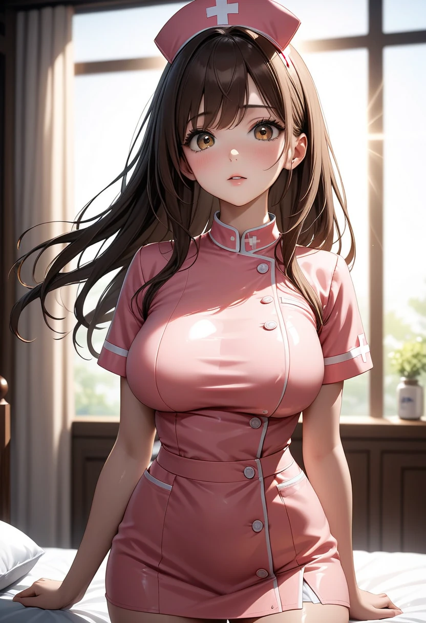 #基本 
A girl is posing for a photo, ((One Girl)), (((Baby Face:1.2)) + ((cute:1.3))), 
#A girl is posing for a photo, ((One Girl)), (((Baby Face)) + ((cute)) + 16 years old), 
break 

#Clothing Accessories 
((Light pink nurse clothes:1.5) : (Shiny) + ((Pencil Mini Skirt)) + (High neck) + (Gold Belt) + (Tight fit) + (Black Pantyhose)), (Shiny白ハイヒール), 
(Gold hoop earrings), 
break 

#Features 
((Black Hair)), (blunt bangs:1.4), (Long Hair + Straight hair),  
((Droopy eyes), blue eyes, (Big eyes:1.2)), (Big Breasts), 
break 

#background environment 
(noon, (sunlight shines, Modern hospital examination room)), 
#Facial Expression Pose 
((Wicked Smile)), (model posing), 
#composition 
(To the camera, (Focus from the front), (Cowboy Shot)),  
break 

#Body parts elements 
(Slim figure), 
(Detailed Hair, Beautiful Hair, Shiny Hair), 
(double eyelid, Long eyelashes), 
(Expression of fine eyes, Beautiful and delicate eyes, Sparkling eyes, Eye Reflexes, Glitter Eyeliner), 
(Human Ear), 
(Beautiful Nose, Thin Nose), 
(Shiny唇, Beautiful Lips, Thick lips, Shiny唇, Natural Cheeks), 
(Detailed face, Symmetrical facial features), 
(Detailed skin, Textured skin, Beautiful Skin, Glowing Skin), 
break 

#Quality Image Quality Common 
(((Highest quality)), ((masterpiece)), ((Very detailed))), ((Ultra-high resolution)), ((16K, 1080P)), ((FHD)), 
(Anatomically correct), (Realistic), (3DCG), 

#Quality image illustration 
((comics, anime)), CG illustration, 
