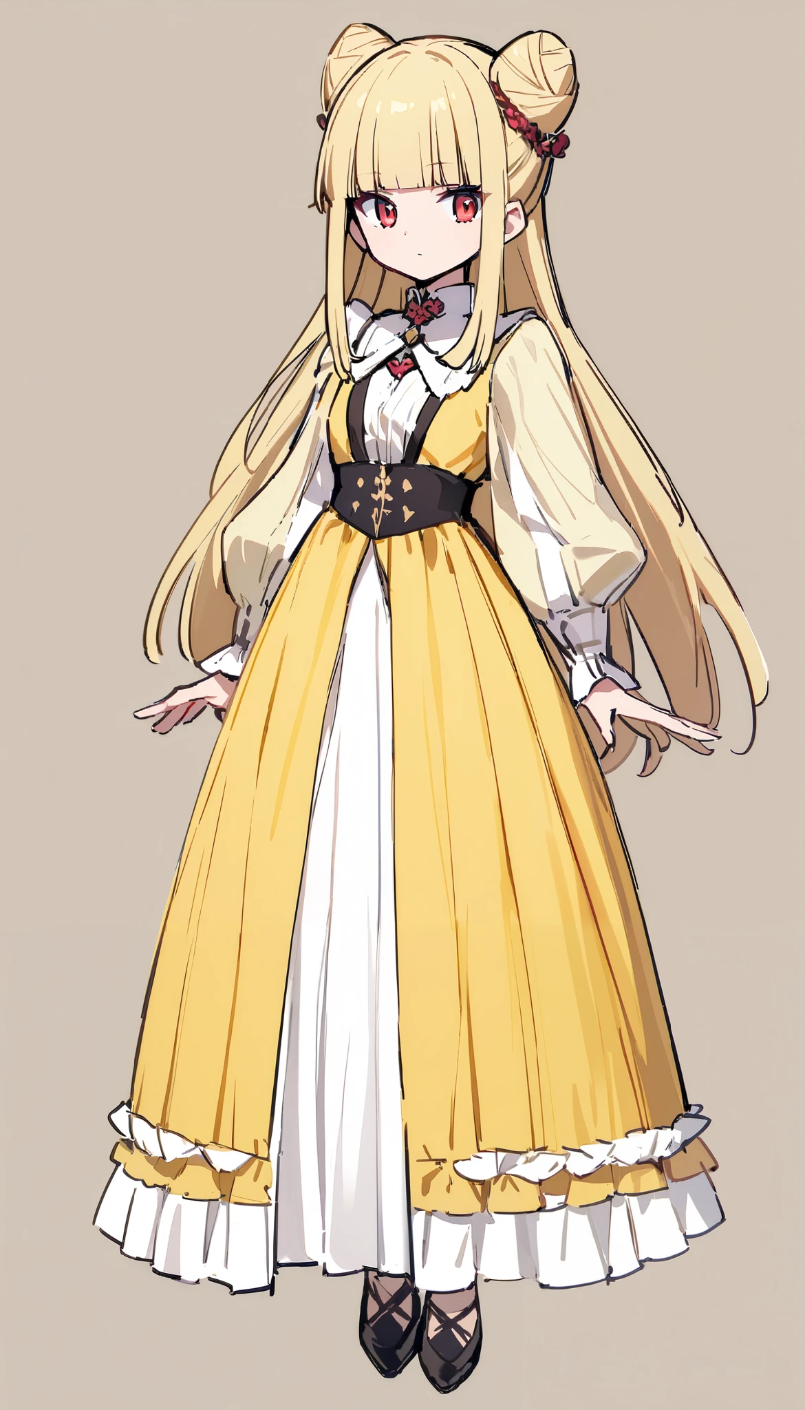 (((Highest Quality))), (Simple background), 1girl, fullbody, standing, long hair, blonde hair, blunt bangs, cone shaped hair buns, red eyes, tsurime, princess dress, long skirt, black and yellow clothes