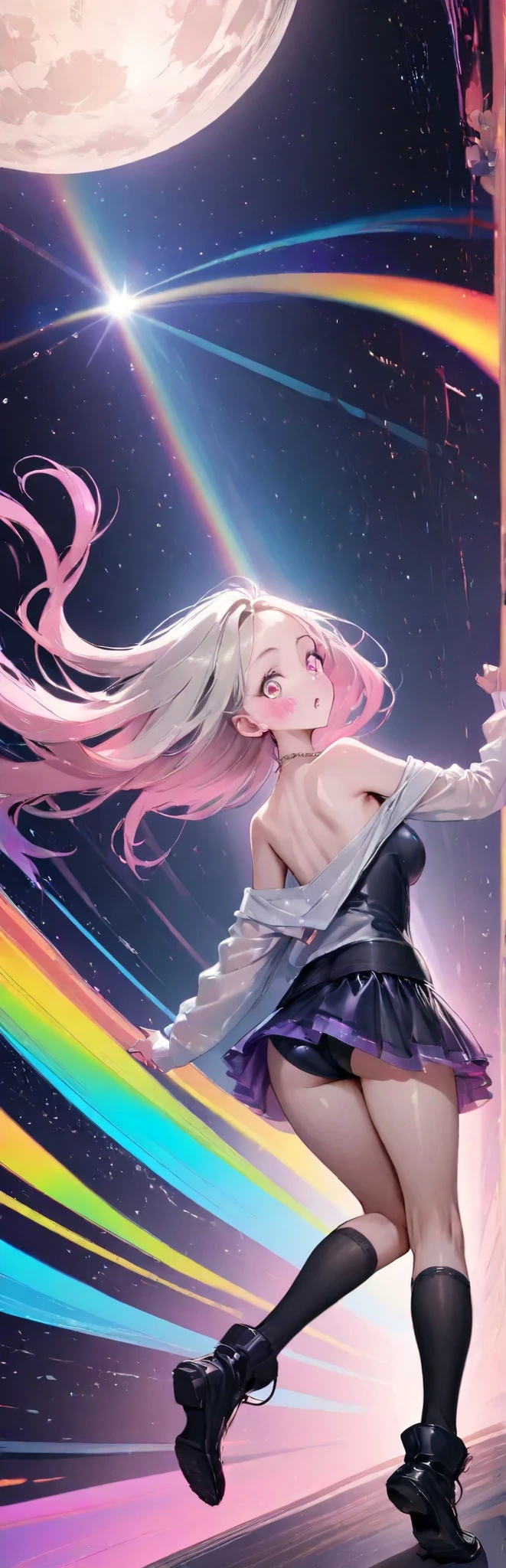masterpiece, ultra detailed, hyper detailed, beautiful, a girl, (Acrobatic somersault, dynamic:1.1), flushing, flushed cheeks, jumping, floating, running at full speed, looking at viewer, looking back, looking away, looking down, gradient hair, colored inner hair, with sparkling eyes, with heart-shaped irises, with heart-shaped eyes, with crazy eyes, pale skin, fair skin, detailed face, detailed skin, shiny skin, slender, toned body, beautiful breasts, drop shoulder tee, undone clothing, off shoulder, mini skirt, gym uniform, school swimsuit, idol, necklace, boots, knee socks, nail polish, delicate facial features, japanese, asian, on left, dutch angle shot, dynamic angle, wide view, wide shot, shy, intelligent, front view, ground-level shot, rainbow gradient, full body shot, L shape composition, underlighting, colorful lighting, dynamic lighting, 35mm film, wide-angle lens, in the city, with a nebula, with a planet, with a cherry blossom, with a full moon, at sunset, with a thunderstorm