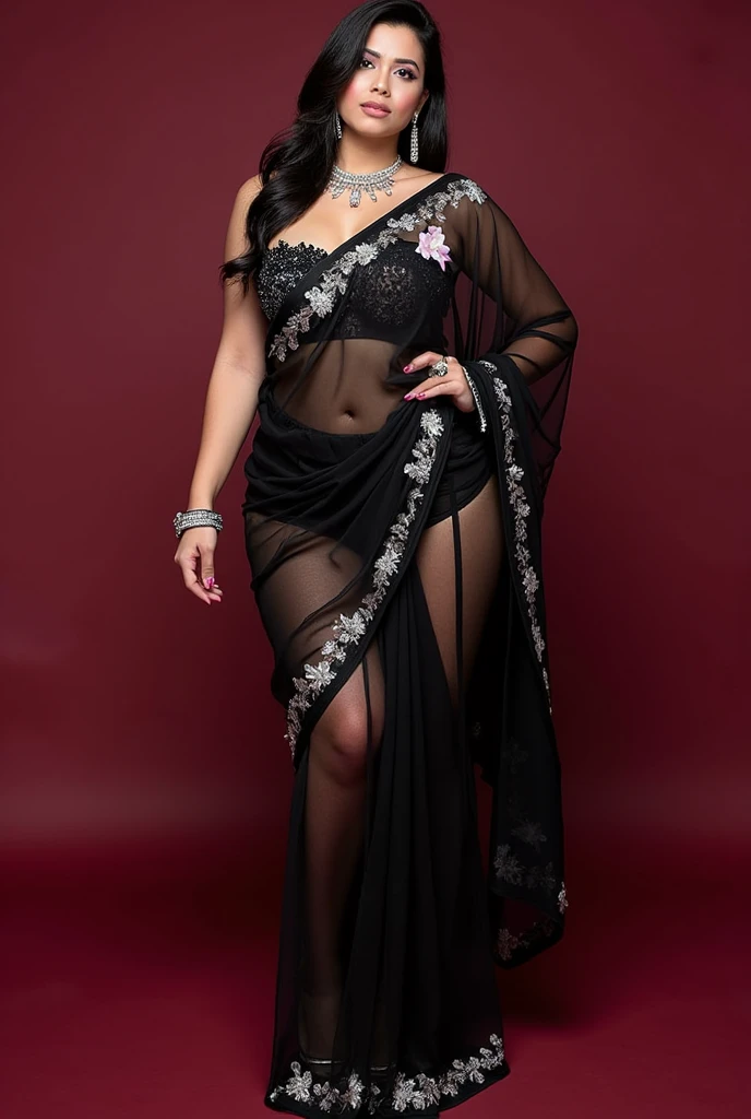 A woman wearing Black Saree with over the shoulder plates, long golden dangling chimes earrings, burgundy Lipstick, Ample breasts, black heels, black bangles, black hairs, black iris, black nail polish, black Clutch with Golden border, one golden ring in right hand