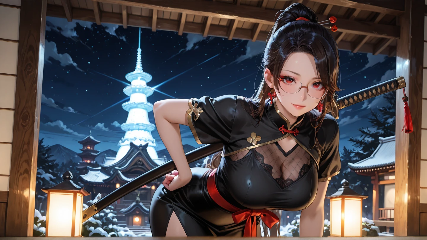 ((Highest quality)),(Ultra-high resolution),(Very detailed),(The best CG),(masterpiece),RAW Photos, 8k、(1 girl), Glowing Skin, shiny big, dark red eyes, Sharp focus: 1.2, Very detailedな顔と肌の質感, Detailed eyes, Perfect Face, Perfect body, art, CG, Blur the background, Black Hair、 Holding a sword、 Female Ninja, Cleavage, Pelvic Curtain, Fishnet tights, Tight black bodysuit, Armor、ponytail, Large with presence, On the roof of the Japan castle, moon, Midnight, Cowboy Shot, Dynamic pose, anger, Speed Line, Finding pose, (Finding), Coat of arms, Hunchback, Japanese Armor, Jump,Blur the background