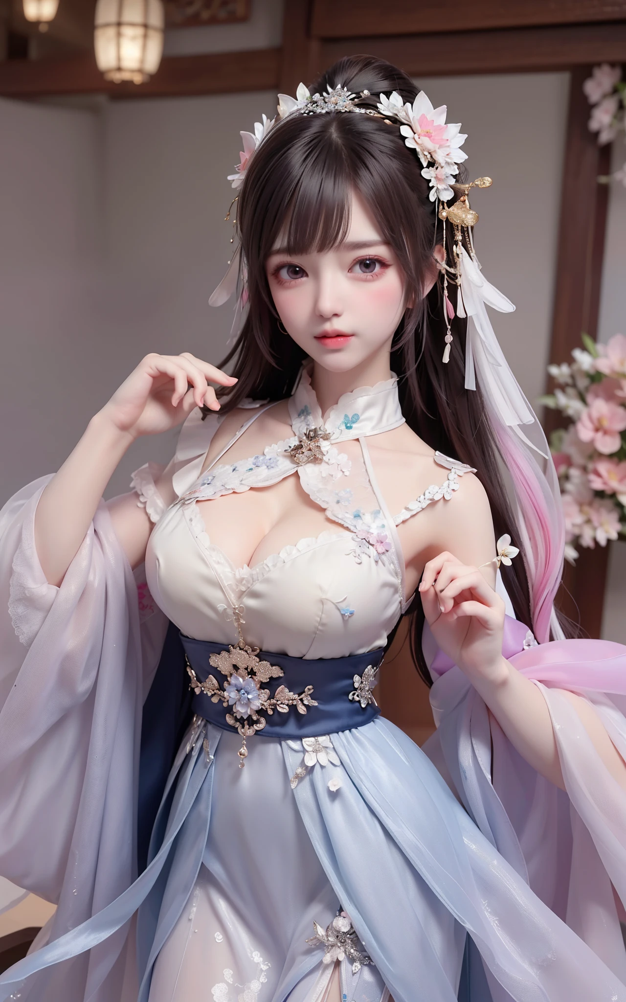 (8k, RAW photo:1.2), best quality, ultra high res,dramatic angle,(fluttered detailed color splashs), (illustration),(((1 girl))),(long hair),(rain:0.9), (Headdress:1.4),There is an ancient palace beside the girl,Hanfu,(Key Points),Color ink painting,(Splash of Color),Splash of Color,(((colorful))),(sketch:0.8) , Masterpiece, best quality, beautiful painted, highly detailed,(denoising:0.6),[splash ink],((ink refraction)), (beautiful detailed sky),moon,highly,detaild,(masterpiece, best quality, extremely detailed） CG Unity 8k Wallpaper，masterpiece，best quality，Ultra Detailed），（Lycoris）. hanfu open v open V-chested clothes Thin silk lace dress , (huge ，cleavage),, white pink and gren，best qualtiy，tmasterpiece，Ultra-high resolution，（Reality：1.4），RAW photogr，（True skin texture：1.3），（filmgrain：1.3），（Selfie angle），1个Giant Breast Girl，Beautiful eye and face details，tmasterpiece，Best quality at best，，The chest more exposed， detailed hair, brapurple , detail 8k, upper body, lace petticoat