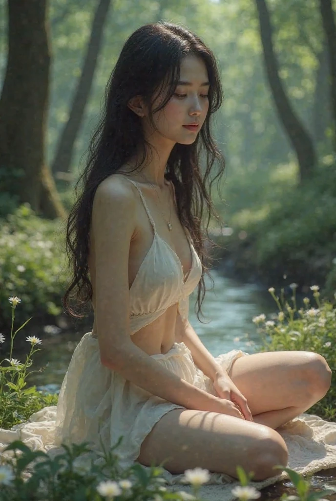 whole body、とても薄in the dark deep forest、a flower ring decoration on the head、Roses、18歳の大peopleの日本people女性、可愛い日本peopleのモデル、Very droopy eyes、very big and round eyes、smiling、1people、ager, aesthetic artwork, glowing black-brown eyes, white skin, small breasts, soft light, ((david hamilton style))、fine skin, 24mm, 4K texture, soft movie-like light, RAW photo, photorealism, realistic, Complex, elegant, very detailed, sharp focus, ((((cinematic look)))), soothing tone, insane details, Complex details, very detailed, low contrast, soft movie-like light,、ダークテーマの超かわいい日本peopleの女性、Very realistic woman、looking far away,18才の大peopleのモデル、a flower ring decoration on the head、Roses、very body type、very slender body type、short torso、slightly thin limbs、Super long and beautiful dark brown hair、Silky black hair、半透明のwhite skin、とてもwhite skin、shining dark brown eyes、Very slender and realistic body shape、Big eyes、bloodless lips、whole body、Front view、complete nudity、big face、very small breasts、 tight waist、very small butt、Pale pubic hair、thin legs、no bra、no panties、exposed shoulders、exposing breasts、exposing nipples、exposing belly、exposing buttocks、thin pubic hair、exposing thighs、highest quality, 8K, fine skinの質感, beautiful detailed face, detailed eyes、detailed nipples、in the dark deep forest、There is a thick morning fog around、sitting at the base of a large tree、looking far away、laughing、Have fun、happy feelings、legs spread a little、quiet and calm pose、model pose、very anatomically correct body、one body、two hands、2 legs、one head、complete nudity、no panties、whole body、from right in front、