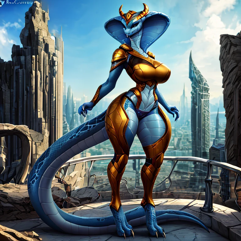 4k highly detailed realistic digital extremely high quality drawing, masterpiece, (by cutesexyrobutts), (uploaded on e621), (a three-quarters portrait of an anthro cobra), (beautiful and detailed eyes: 1.1), anthro snake, scales, seductive, sexy, voluptuous, curvy body, cinematic lighting, (f1.8 short focus bokeh)