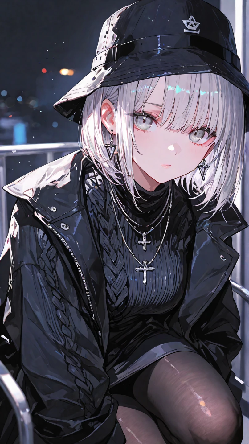 There is a woman with blue eyes and a black shirt, beads cross onbare chest, cyber necklace, cruel korean goth girl, Goth girl aesthetics, gothic aesthetic, 1 7 - year - old anime goth girl, ulzzangs, Goth aesthetics, 2 b, 2b, e-Girl, e - girl, 1 7 - year - old goth girl