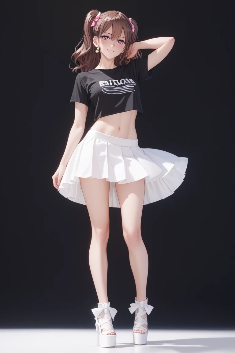 (masterpiece:1.2),(best quality:1.2),(very aesthetic:1.2),(absurdres:1.2), newest,intricate,Cel_animation,1girl,solo,smile,grin, ,brown_hair,twintails,ahoge,hair_intakes,medium_hair,purple_eyes,short_stature,bare_shoulders,flat_chest,navel,tan,one-piece_tan,tanlines,oversized_camisole,white_camisole,no_bra,miniskirt,blue_miniskirt,purple_hair_ribbon,socks,shoes,