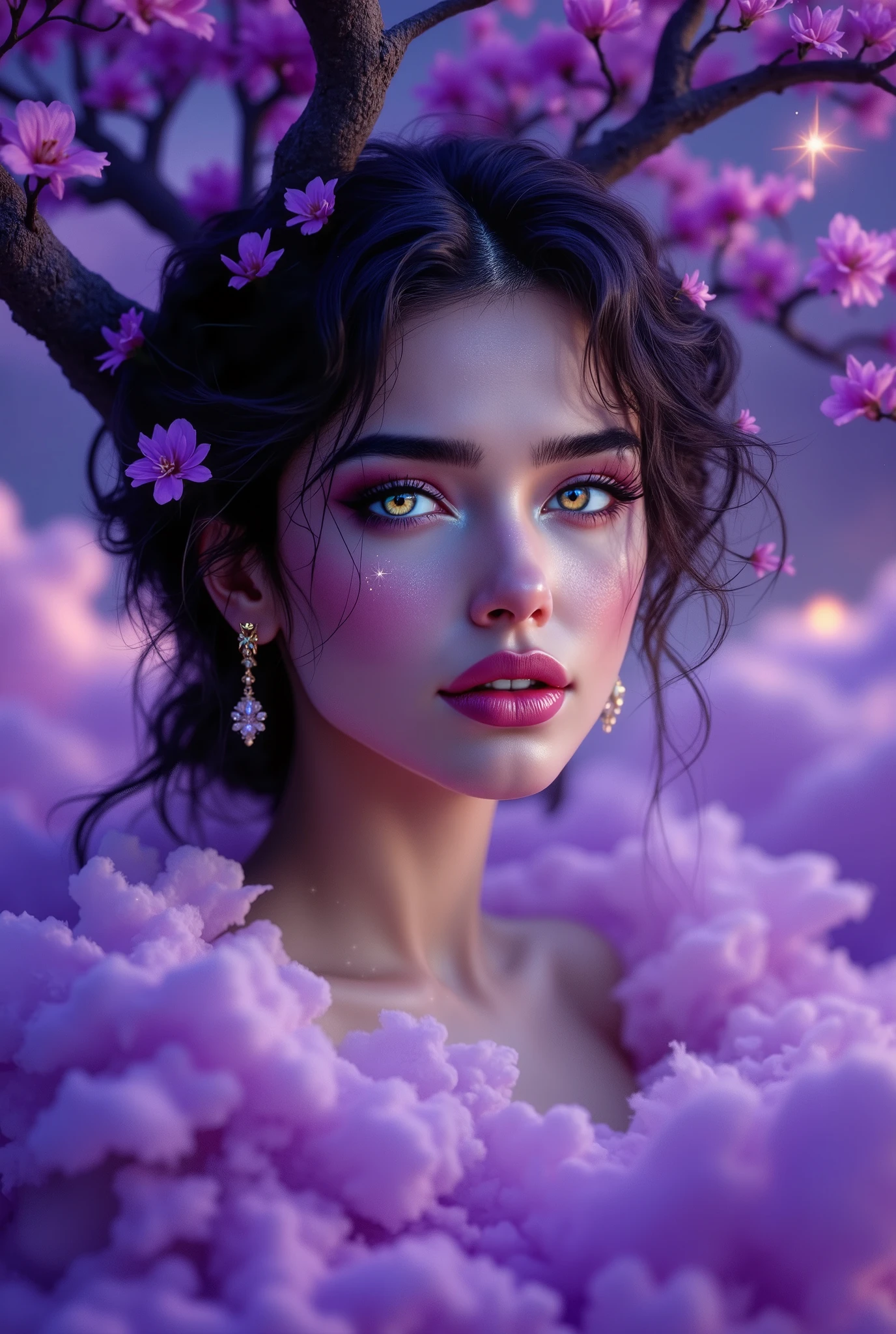Beautiful Purple Soft Clouds, girl, beautiful, sexy, alive, dynamic , romantic, Energetic, colorful, passionate, expressive, beautiful, icons is an inspiring, Gorgeous, awesome, charming , tender, seductive, Sensitive, hot, Captivating, exciting, Her Facial Features Make it clear that there is no more beautiful than her in the whole world, Amazing Hair with a Beautiful Hairstyle and Curly Beautiful Curly Curly Curly Hair, Decorate small jewelry, earrings very beautiful made of beautiful ruby, . You can see an amazing seven-color gold necklace on her neck, Beautiful Lips of a delicate rosy color with dark vodka, Beautiful filling eyes flowing like a starry sky, Light makeup makes her face beautiful, A gorgeous dress with exquisite with swan patterns embroidered on it, full body, girl Прислонившаяся рукой к небольшому древу, a wonderful flowing pattern of flowers and vines emanates from the tree, Beautiful stars, flicker at Night giving the Girl, in magical shades, fantasy style, Best quality, Maximum of details, high quality details, good image, 8k, Exactly, flexibly, Fantasy, clearly,
