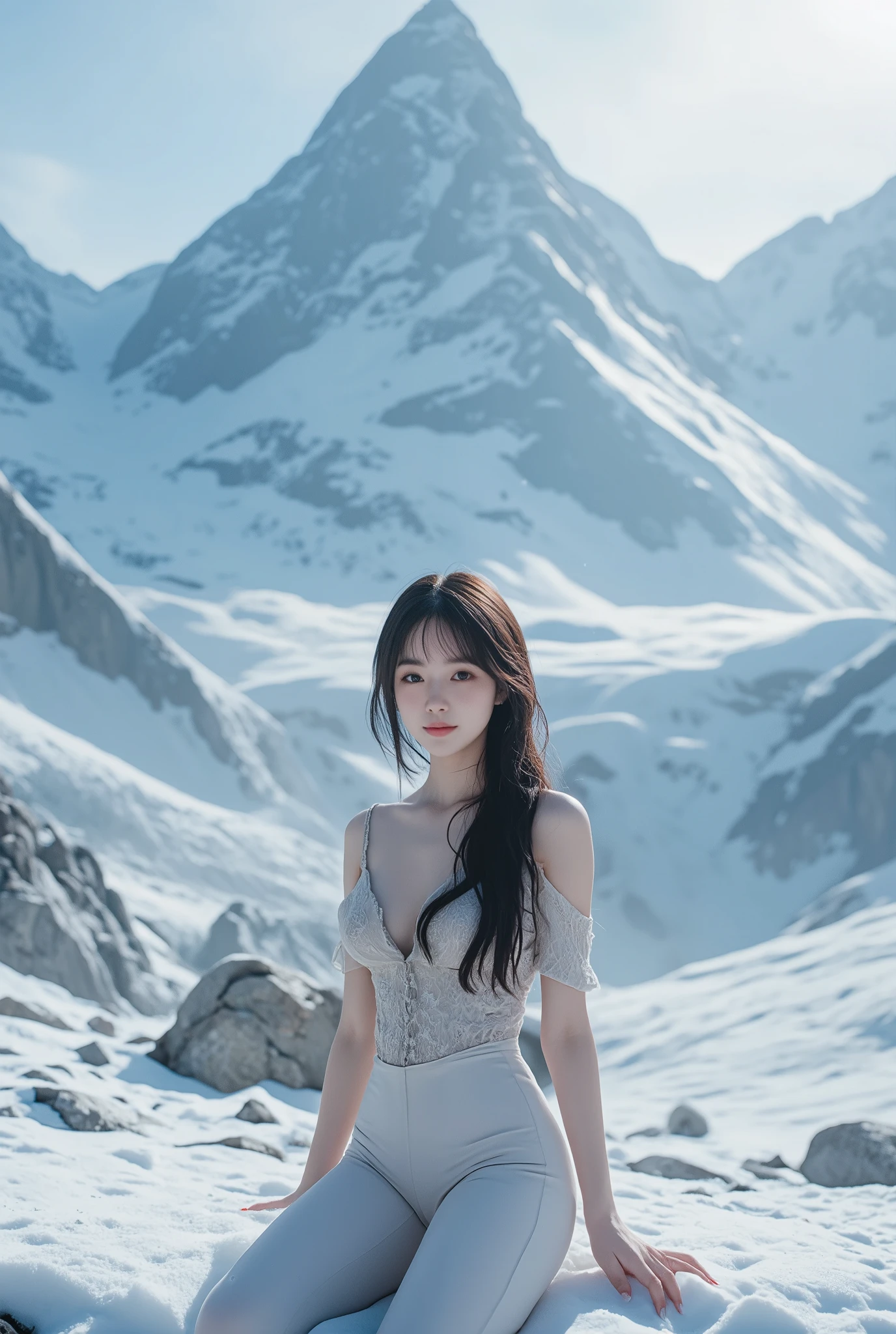 (ultra Realistic) , (illustration), (Enhance resolution), (8k), ( Extremely Detailed), ( detailed face ), Slim Body, in the dark , deep shadow, low profile, pureerosfaceace_v1, Happy smile, Winter, Mountain