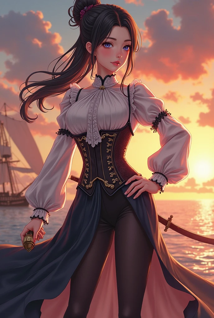 ((((A young woman))), the anime, ( Green eyes), (black hair), Nice face, ssmile, the perfect body, Wavy Hair, hairlong, (((morena))), big breastes, ((tmasterpiece, beste-Qualit)), illustartion, Ультра деталпазированная 8k, Photorealistic, sharp-focus, higly detailed, Professional lighting, Bright make-up, red-lips, Toenails and fingernails are varnished, The sea, Ship, a pirate, Pirate costume, sword, eyepatch, Sun, Being a pirate, Sails, parrot on the shoulder, Pirate Hat, Pirate boots, black sails with bones and skull