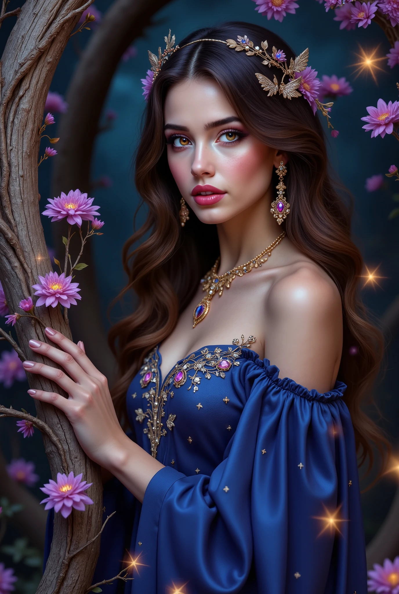 8K photorealistic portrait of a young, an attractive woman of Slavic appearance (20-25 years old ), with lush brown hair, packed in free, romantic curls, stolen exquisite ruby earrings and a gold necklace with iridescent stones. Her expressive eyes, Dark Chocolate Colors, amaze with depth and brilliance, like a starry sky. A gentle blush on her cheeks and sensual lips with a soft, dark lipstick emphasize her natural beauty. Light makeup accentuates her features, without hiding her natural charm. she is wearing a long , flowing indigo dress with embroidered swans, iridescent silver threads. brand, the girl is standing in full length, with her hand easily leaning against an old, curved wood, from whom fantastic flowers and vines flow, glowing with gentle light. Bright stars flicker around her against the night sky, coloring her skin in a mysterious, purple reflection. Atmosphere — romantic, dreamy , Fantasy style , with Art Nouveau elements. The composition is the middle plan, Soft light, focus on girl. Color palette — deep, rich tones of purple, blue, gold and silver. } Textures — the soft fabric of the dress, silky hair, rough tree bark. maximum detail, high definition, focus on expressive eyes and sensual lips.
