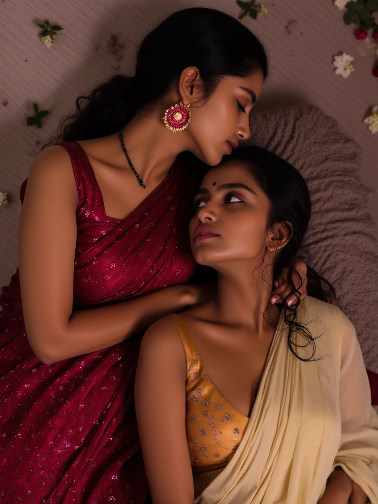 South Indian women, in bed room, wearing rose colour chiffon transparent nighty