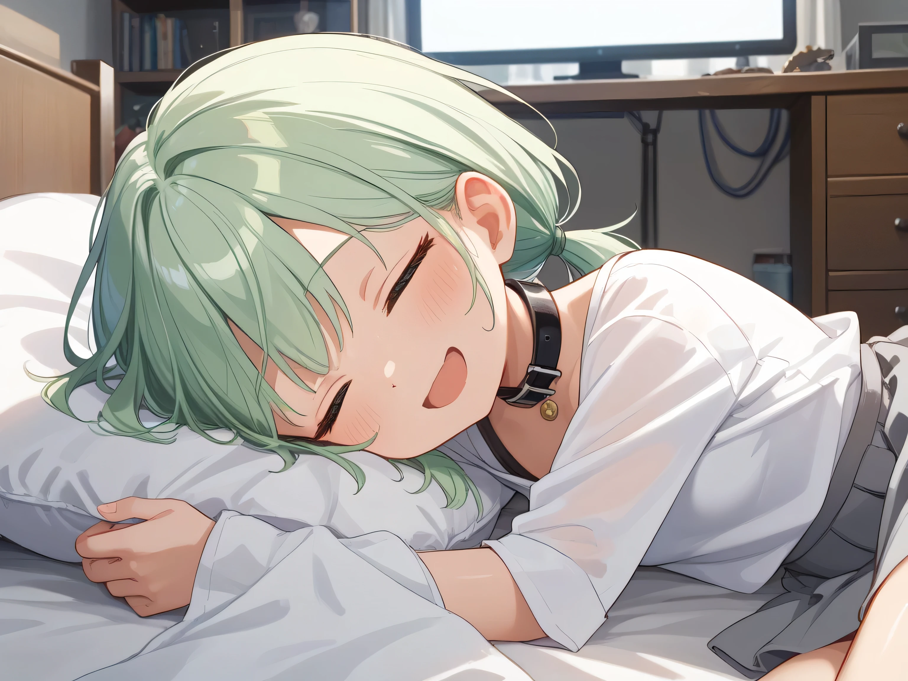 NSFW, masterpiece, 1 girl, small sized breasts, White shirt, Grey Skirt, White shirt, Short stature, low twin tails, (light green hair:1.3), (Black collar), Background is a dark room, (She closes her eyes:1.2), She is sleeping in bed with a happy face, BREAK ,score_9, score_8_up, Duvet, score_7_up, (5 finger:0.8), shiny, shiny skin, shiny hair, soft body,