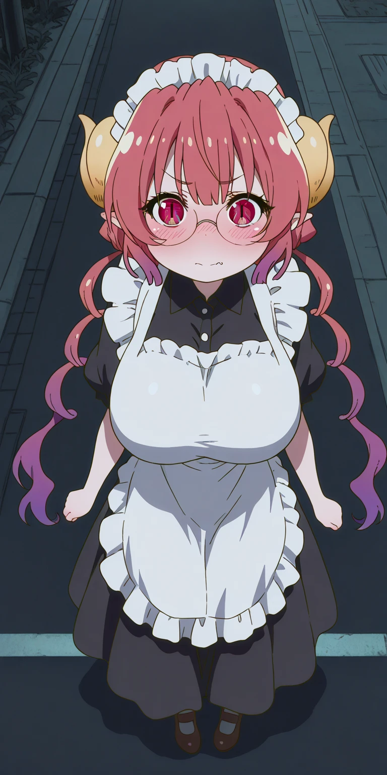 1girl, young girl with huge breasts, gothic ta, maid outfit, glasses, pointed ears, red hair, green eyes, Ilulu (dragon maid), Yukari (girls und panzer)