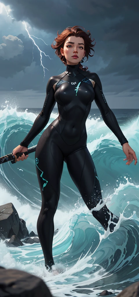 1 Girl, Elf, Silver Hair, Red Eyes, Braid Hair, Bob Cut, Diving Suit, Wetsuit, Coast, Beach, Concept Art, Beautiful Anime Scene, Beautiful Anime Scenery, Best Quality, Masterpiece, 4K
