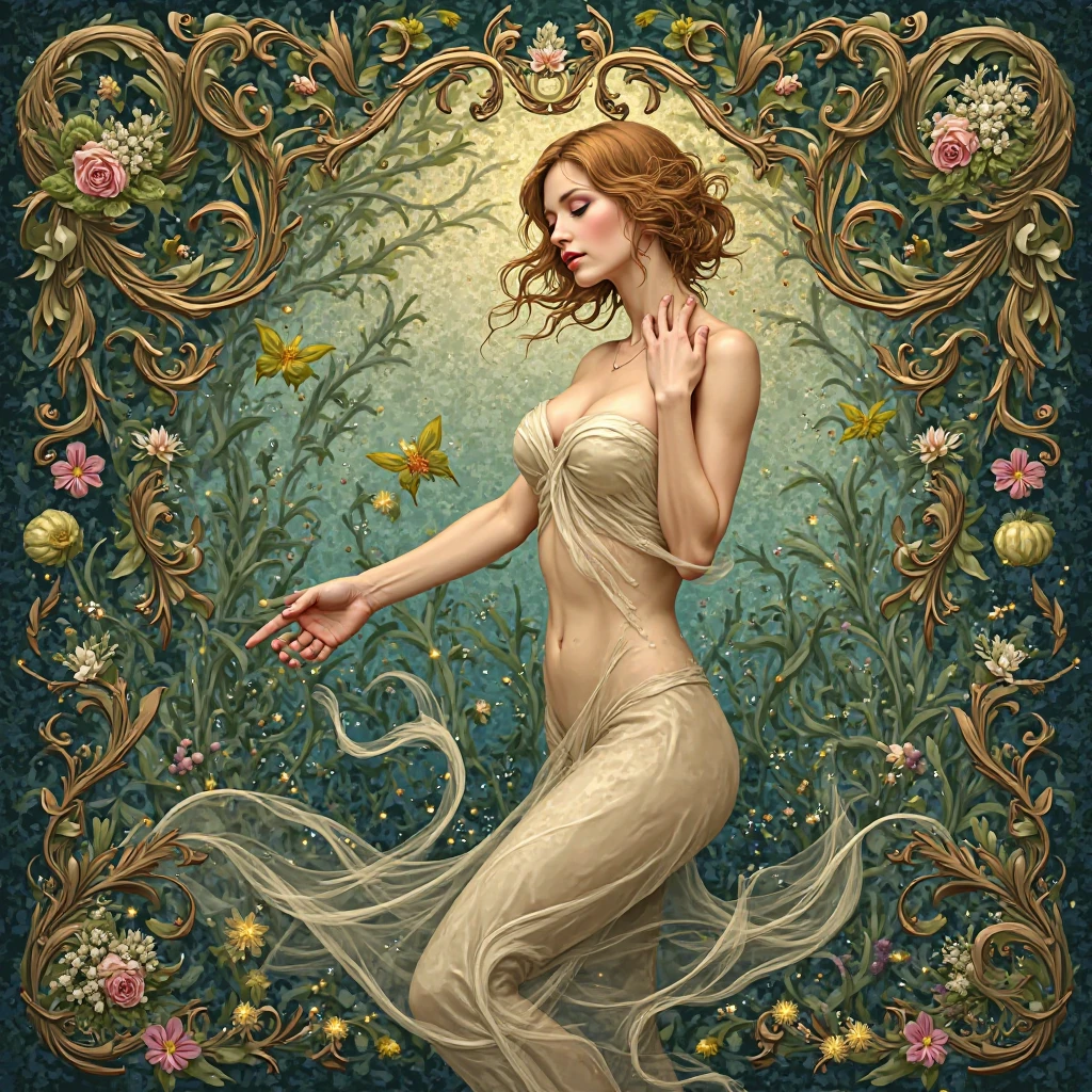 A refined and intricate line art depiction of an ethereal and captivating naked woman, elegantly posed in a full-body stance with legs gracefully apart, emerging from a whimsical medieval universe. Surrounded by swirling vines and fantastical elements, she is adorned with intricate jewelry inspired by nature, while her flowing hair mingles with delicate flower petals. The background features a mystical castle and soft, ornate arches, reminiscent of a blend of Art Nouveau and gothic styles, creating an enchanting atmosphere.