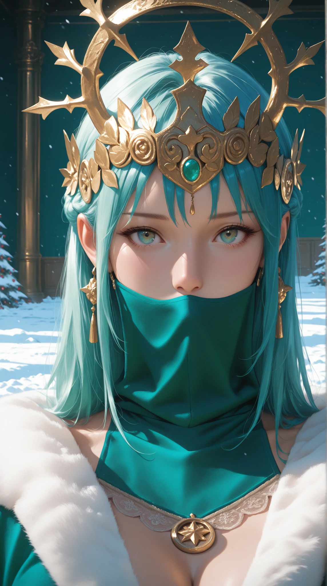 high resolution:1.7, incredibly absurdres, kawaii:1, cute:1.5, hires.fix, anime visual:1, incredibly fine illustration,8k,masterpiece:1.2,best quality, high quality, exquisite, beautiful,insanely detailed,intricate detailed, extremely detailed, Super Definition, ultra high res, Super Resolution, best aesthetic, ultra detailed:1.5, best quality, perfect face, detailed face, masterpiece:1.2, illustration:1.2, 8k cg wallpaper, stunning art,absurdres,octane render,ultra hires,mesopotamian goddess, serious face, has a face of supernatural beauty, long twintails hair, green hair, decorated with smile emojis, as well as emerald eyes. (perfect anatomy) , (perfect eyes) Her figure is extremely voluptuous,upward breasts,waist slender, fitness hip, fabric covering breasts, cracked abdominal muscle, aqua thick silk dress, large abdomen muscle,green hair, woman,1female,colored inner hair,((emerald_eyes:1.3))),intricate eyes,beautiful detailed eyes,symmetrical eyes,((((lustrous skin:1.5,bright skin: 1.5,skin tanned,shiny skin,very shiny skin,shiny body,illuminated skin)))),(spider lower abdomen,narrow waist,wide hip,bimbo body,inflated legs),(((detailed face))), (cute,sensual,seductive look,seductive,opulent,sumptuous,longingly,queen,goddess,fantasy,show skin,(beautiful aqua clothes),(mischievous aqua dress, very loose dress):1.9, mesopotamian style, bare belly, bare shoulders, golden bracelets,detailed outfit,cleavage,aqua silk,((Transparent cloth:1.5)), (((intricate outfit,intricate clothes))),(((aqua paint on hands:1.5), (aqua paint on body:1.5), (aqua paint on skin:1.5),(paint splatter:1.3))), (dynamic pose:1.0),arrogant face, arrogant smile,(centered,scale to fit dimensions,Rule of thirds), ((snowy pine forest at night)), with dark stormy clouds,winter,scenery:1.25,((snow forest background)),Christmas tree,highres,sharp focus,full body