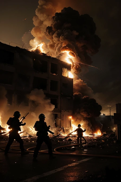 Soldiers in uniform walk through the city streets at night, soldiers charging in, soldiers charging the enemy, The artillery fire continued,flare,Large troops,The officer rode on horseback,jeep,tanks,Skyplane bombing