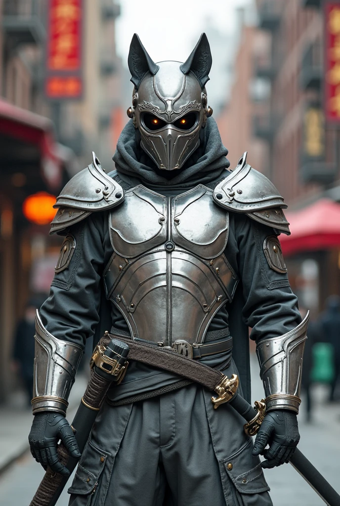 araffe dressed in a black suit holding a sword and a sword, cyborg samurai, cyber japan samurai armor, cyberpunk samurai, very beautiful cyberpunk samurai, full samurai armor spiderman, bio - mechanical ninja samurai, portrait of a cyberpunk samurai, cyber japan style armor, cyber japan armor, celtic and cyberpunk armor, black bull samurai, intricate assasin mecha armor
