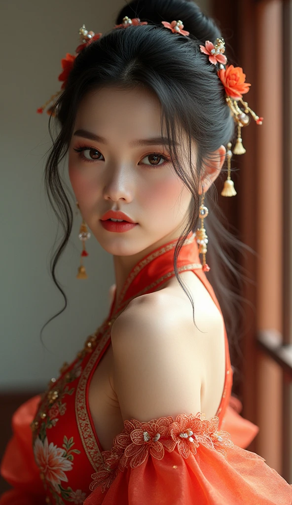 Create an image of a beautiful woman wearing a sexy Chinese princess costume., The see-through fabric is so thin that the wearer&#39;s nipples and skin can be seen., She can spread her legs wide to show off her genitals., She has a slim face., sharp eyes, long hair, responsive face, high nose, and thin lips, Her breasts are 32 inches long with pink nipples., Her waist is 24 inches., Her hips are 33 inches., Her skin was bright and white., She has light brown hair., And her figure was slim and slightly muscular..