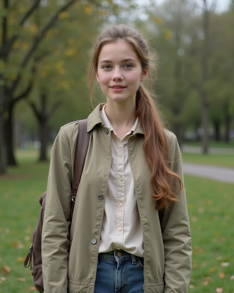 A realistic portrait of a young woman in her early 20s, standing in a ...