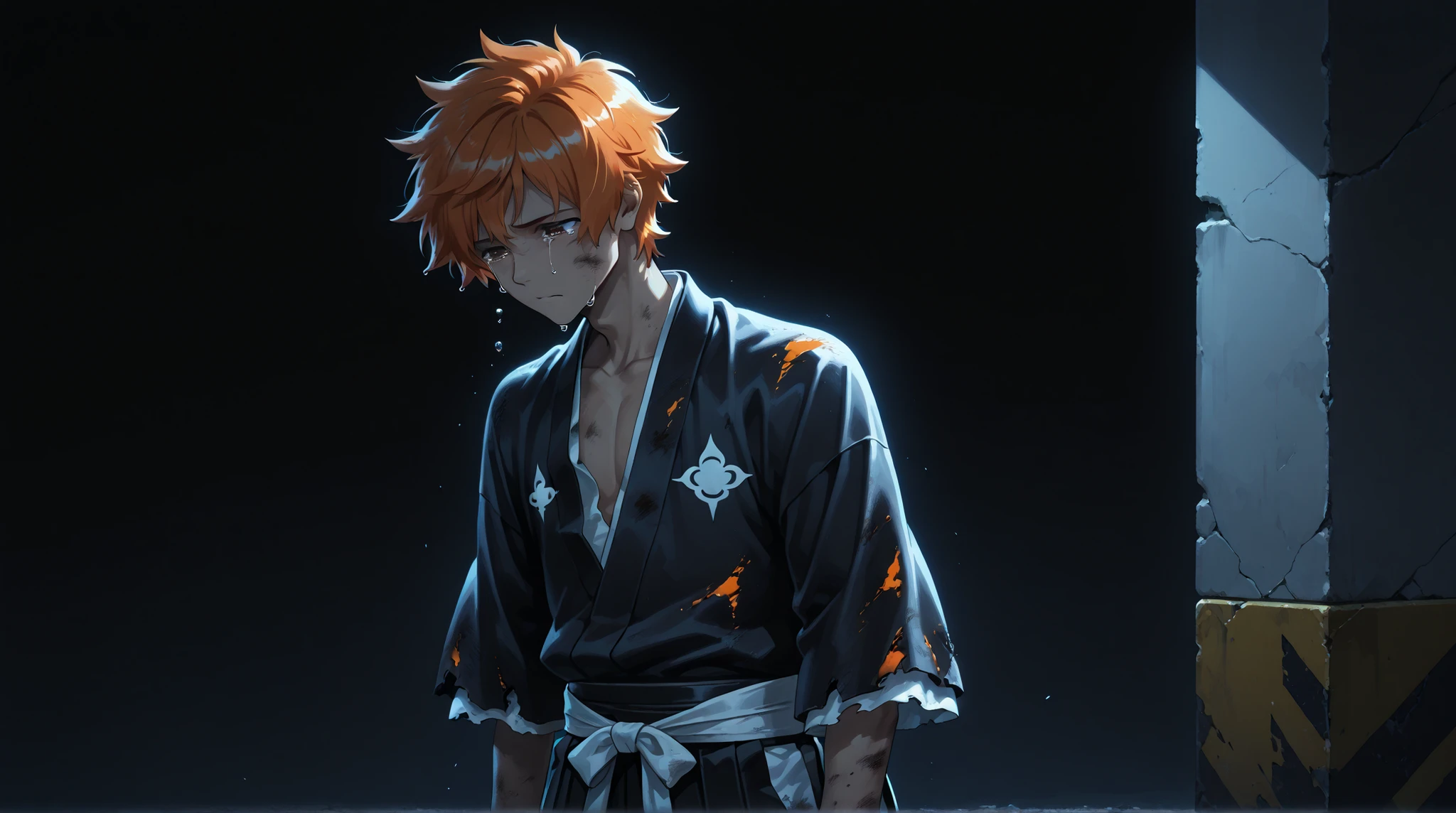 male focus,1boy, ichigokurosaki, orange hair, short hair, spiked hair, brown eyes, shinigami outfit, black hakama, sad, tears, frustrated, dirty skin, tokyo street at night, sad scene, cowboy shot, from left to right