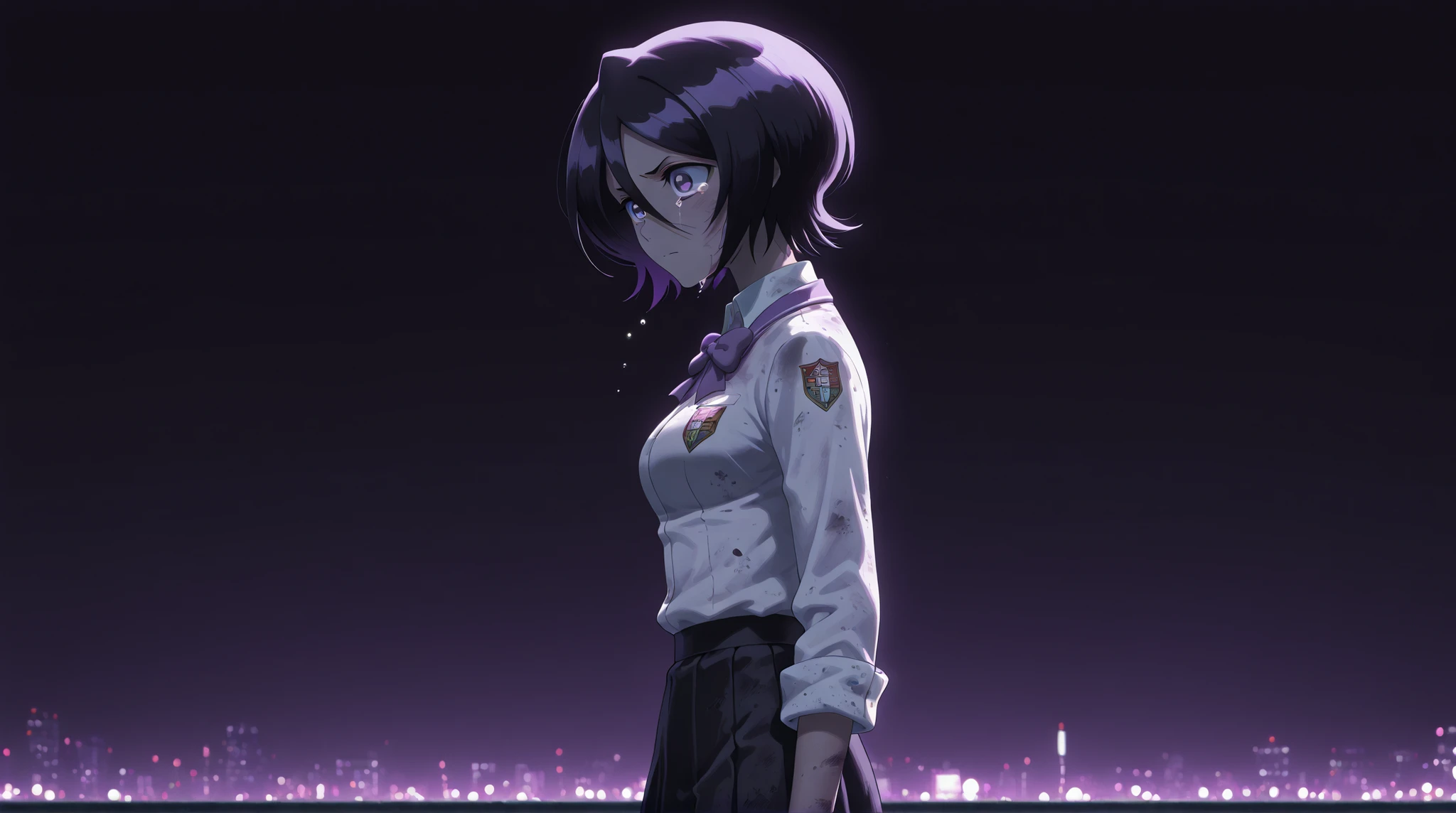 rukia kuchiki, black hair, hair between eyes, purple eyes, short hair, medium breasts, school uniform, 1girl, female focus, solo, sad, tears, frustrated, dirty skin, tokyo street at night, sad scene, cowboy shot, from left to right, side view