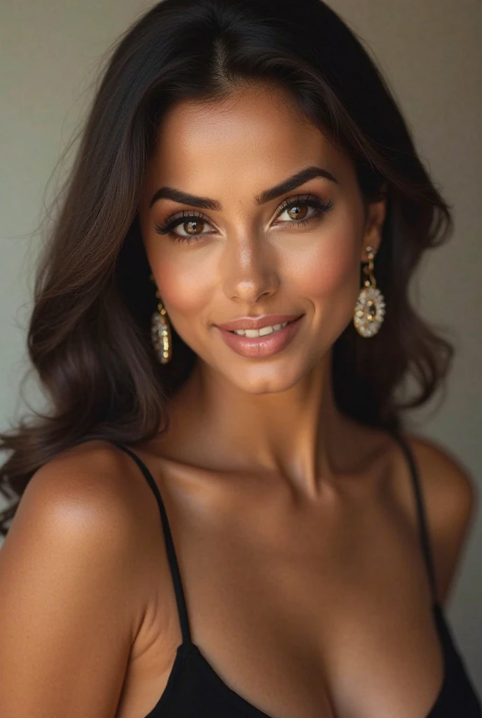 Sexy woman wearing a white low-cut t-shirt and white short shorts posing for a photo in the studio. a beautiful woman, beautiful Latin face, Brazilian supermodel, stunning, stunning beauty, Angolan descent, most beautiful woman in the world, jaw-dropping beauty, young adult 30 years old, She has an exotic beauty, native Brazilian, tall woman, a stunning black African woman, with indigenous features, beautiful indigenous girl, ((An indigenous African girl with European ebony)), ((her beauty is undeniable)), beautiful young black woman with dark skin, tanned Mexican. *hair: Curly black hair with brown highlights, Voluminous black hair with brown highlights, vibrant and dynamic cut with soft waves. *eyes: green and expressive eyes, beautiful green eyes, realistic green eyes, detailed green eyes, ultra realistic, symmetrical, hyper realistic, (eyeliner, long eyelashes), intense and penetrating look, seductive, mysterious and charming look, magnetism look, attraction and fascination. * Eyebrows: Perfect eyebrows that arch gracefully above the eyes and are thick. * the nose is small and proportional to the face and the soft contour of the face that accentuates the high cheekbones. *Mouth: Attractive and irresistible mouth, well-defined lips, full lips, voluminous lips, seductive lips, captivating, striking, unforgettable, mischievous, sexy, your features are captivating, seductive expression, a seductive smile is enigmatic *Face shape: O the face is oval, with high cheekbones and a well-defined chin, a beautiful and detailed face. *Makeup: Makeup is subtle, but highlights natural features. Skin Tone: Olive skin, healthy and even glow, with olive skin, dark skin, sexy girl with olive skin, detailed skin texture, beautiful and glowing skin, intricate details, smooth skin, healthy and radiant appearance. *body: attractive and slim woman, medium bust, athletic, thin waist, wide hips, big butt, thick thighs, shapely legs. A woman posing for a full body photo, sexy and dynamic
