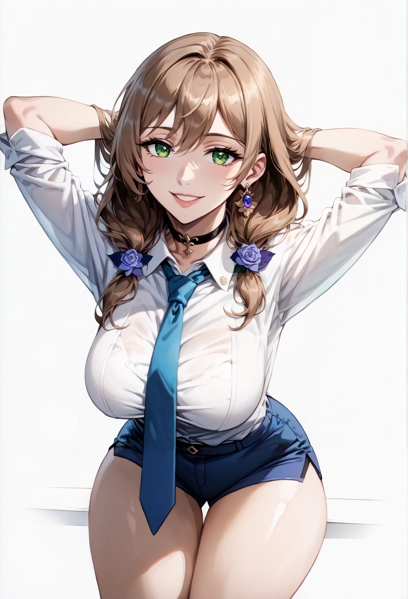 score_9, score_8_up, score_7_up, source_anime, 4K,perfect fingers,(perfect hands, perfect anatomy),prefect lighting, very aesthetic, intricate details,highly detailed background, masterpiece, high quality, best quality,
1girl,Solo,lisaminci, lisa minci, brown hair, green eyes, long hair, low tied hair, large breasts,,
wearing ((Black choker, Collared shirt, White shirt, Earrings, Blue tie, )),,
((White plain background:1.5)) , looking at viewer, smile, (perfect hands, perfect anatomy), filed, high thigh individual , fullbody, ((hands behind head:1.5)), ((leaning forward:1.5)), ((sitting:1.5)),