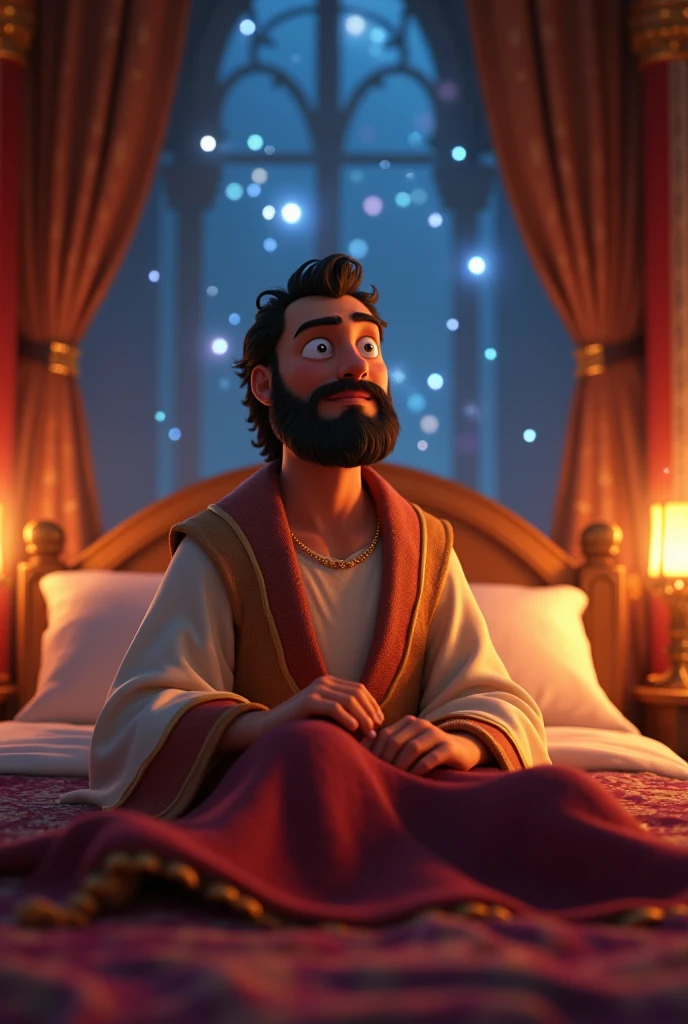 Young adult size Disney Pixar style, with a beard, straight black hair and black eyes, dressed in a long biblical-style robe lying inside a humble house in a village in ancient Jerusalem . And dreaming of an angel who is greeting him.