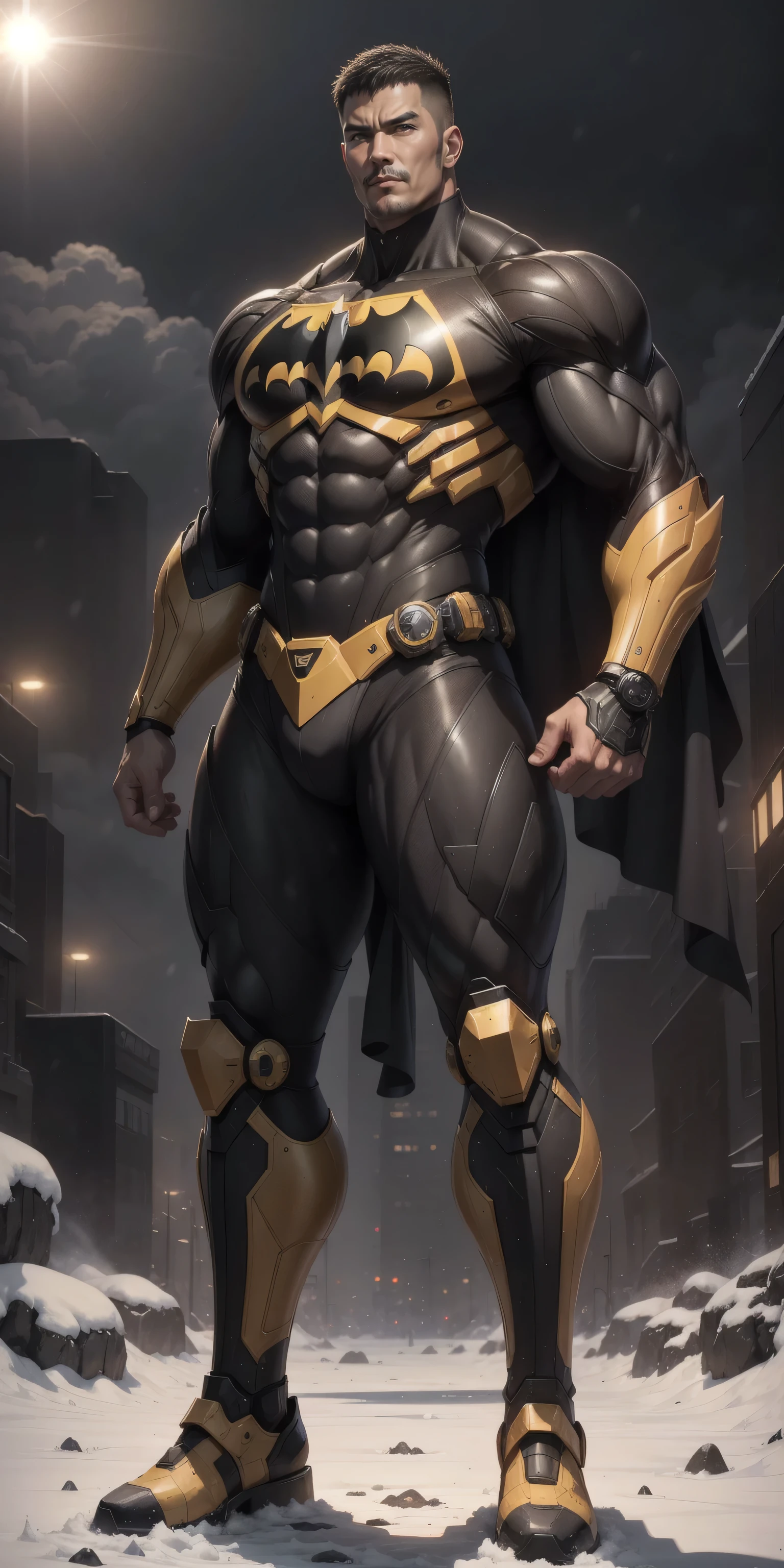 Arad man in yellow and black clothes standing on the sunny seashore, American round head, Buzz Cut, tall and burly, muscular male hero, heroic male pose, muscular! Wearing black sunglasses, spandex tight high elastic bodysuit, symmetrical floral design, super buff and cool, high resolution committee, character design police, black military boots, attractive strong male with spandex tight high elastic bodysuit, weaving hot sunlight on the body