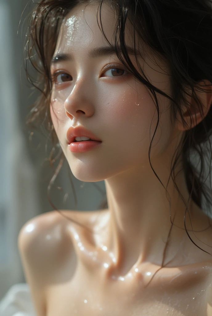 raw photo of beautiful female, looking at camera, centered portrait upper body, Japanese beauty, slim perfect face, natural look, playmate, wavy hair, wet hair tied in a bun, supermodel, wet skin, pale skin, blushing cheek, very very small bust, closing eyes, feeling ecstasy, nude skin, in photo studio