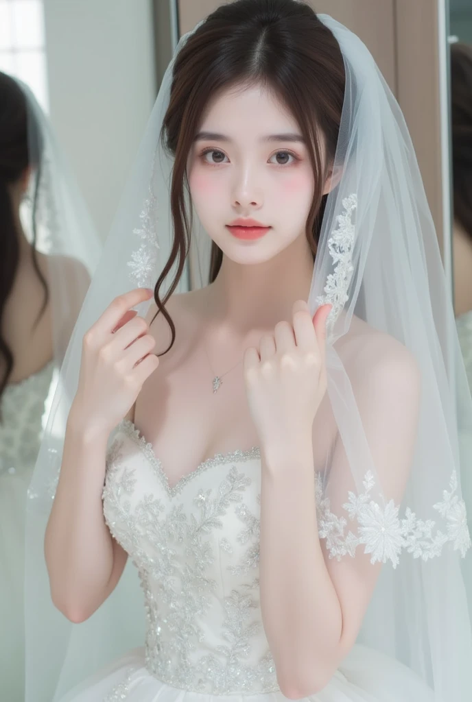 8k, Ultra-high resolution, Highest quality, masterpiece, 三分割法によるphotograph,Surreal, photograph, 1 Girl, (16 years old:1.3), pretty girl, Cute Face, Beautiful eyes in every detail, 細かくdetailedに,masterpiece,One Girl:1.2,Japan Female Teachers,extream close up,sad,light smile,Black short hair,Bob with bangs,(印象派の美しい少女のPortraiture),(Impressionist light and colour), (Gray background:1.3),(White Wedding Dress:1.3),(Fairy, bride, Shiny Hair, Beautiful dark eyes, So cute and beautiful,16 years old, ), (smile:0.8),Sharp contours,Looking down, (Wedding Veil,White lace), Light from above, (Side view),, Perfect and beautiful face ,完璧でCute Face, Skin with attention to detail, Perfect limbs、Narrow waist,Looking at the audience,(((Ideal body type))),A cup small breasts :2,Portraiture:2,Perfect Anatomy,鮮明なdetailed,detailed,Surreal,Light and shadow,glowing