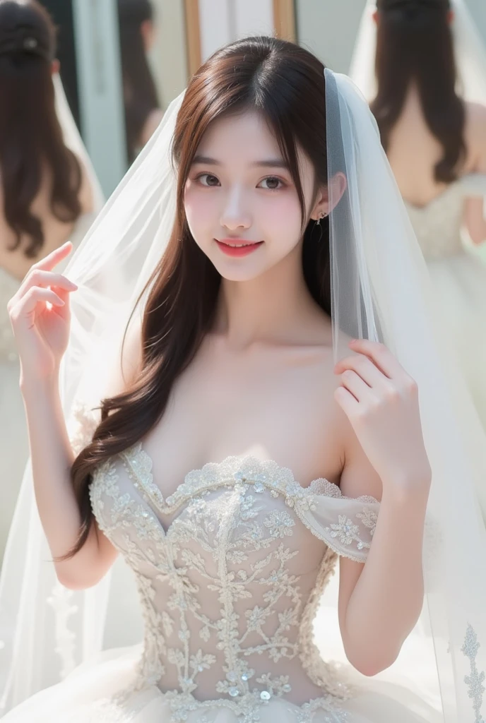 (highest quality、Tabletop、8k、Best image quality、Award-winning works)、(One Pregnant Bride:1.1)、(alone:1.1)、(The most extravagant and gorgeous huge wedding dresses:1.1)、(Perfect Wedding Lace:1.2)、(The most extravagant and luxurious giant tiara:1.1)、(The most extravagant and luxurious giant necklace:1.1)、The most beautiful smile is looking at me、A wide selection of the finest jewellery、(Full body photo of pregnant bride:1.3)、Perfect Makeup、Long eyelashes、Ultra HD Shining Eyes、Ultra HD Hair、Ultra High Resolution Glossy Lips、Ultra High Resolution Perfect Teeth、Beautiful face in ultra-high definition、(Accurate ???????:1.1)、(Very bright and beautiful skin:1.2)、(very bright and vivid:1.2)、(Gorgeous wedding venue backdrop:1.1)