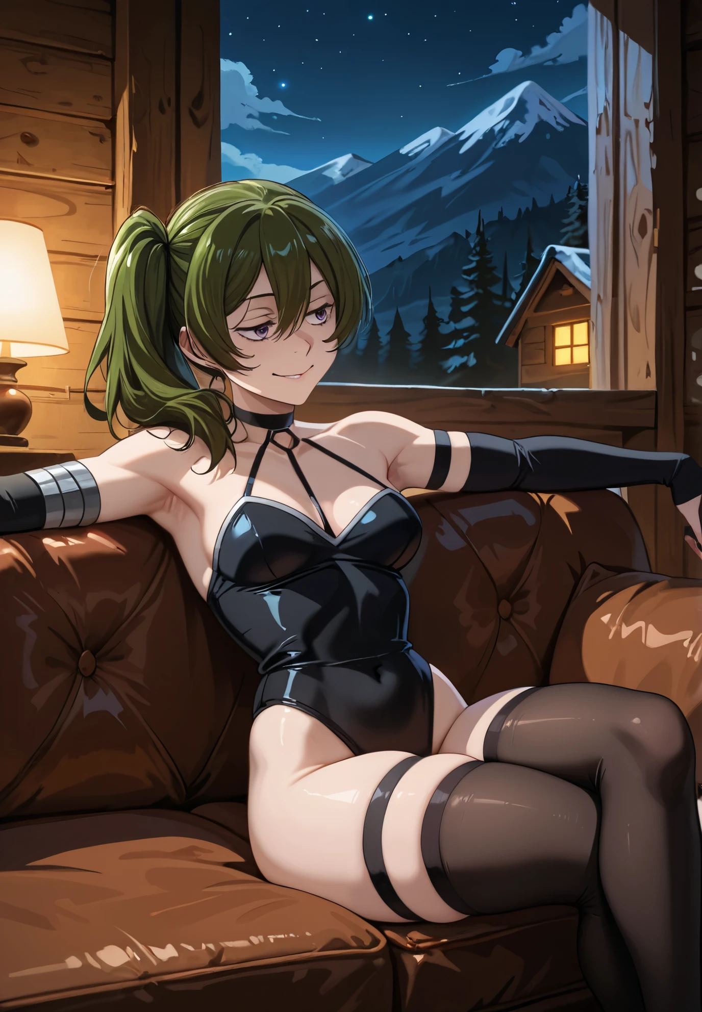 1girl, solo, Ubel, sitting on a couch, sexy pose, alluring atmosphere, BREAK, mountain cabin, night time, beautiful lighting and shadows,