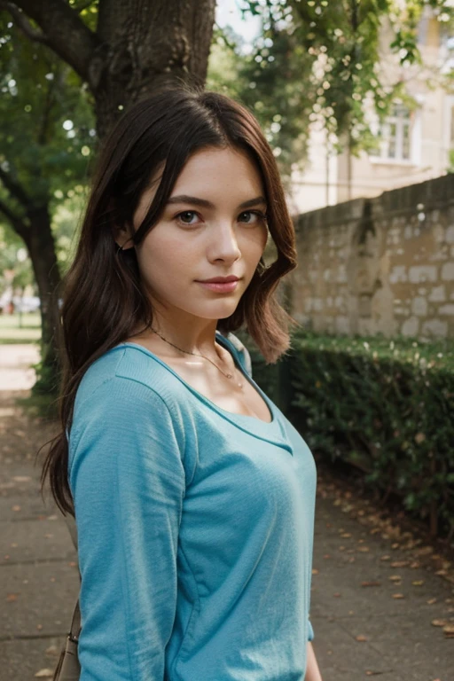 Crée une image hyper-réaliste d'une jeune fille avec des formes brune dans un parc pour un post Instagram. Elle doit avoir l'air naturelle et authentique, avec une peau nette et des traits réalistes. Her hairstyle must be modern, Slightly wavy, and his eyes must be expressive, capturant une expression douce et sincère. Assure-toi que l'éclairage et les ombres sont bien équilibrés pour renforcer le réalisme de l'image.