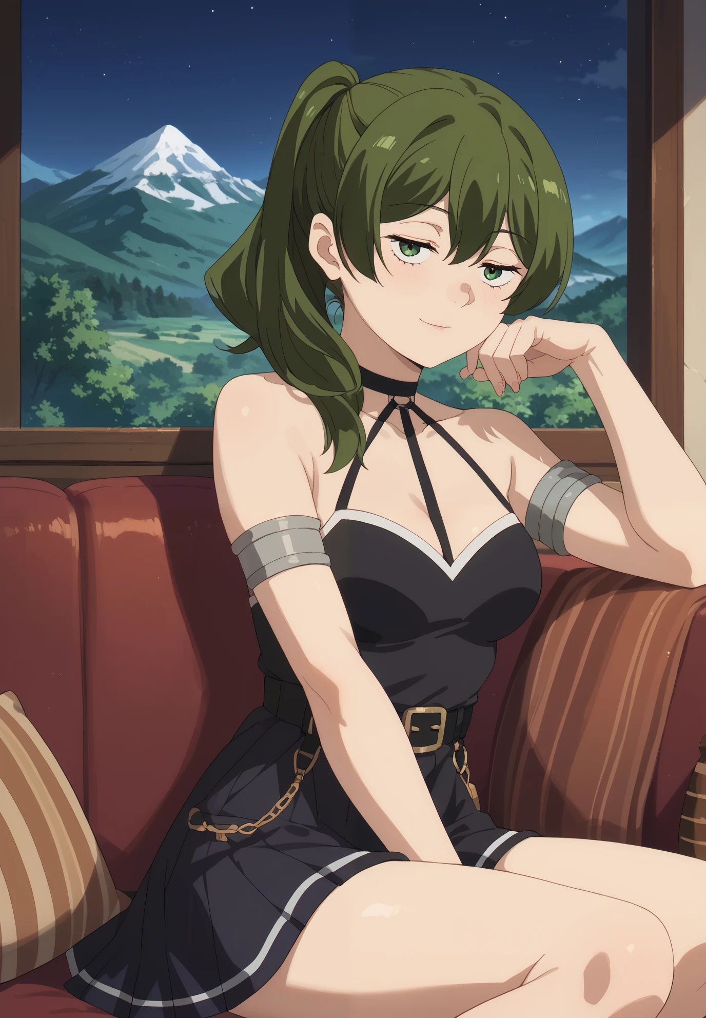 1girl, solo, Ubel, sitting on a couch, sexy pose, alluring atmosphere, BREAK, mountain cabin, night time, beautiful lighting and shadows,