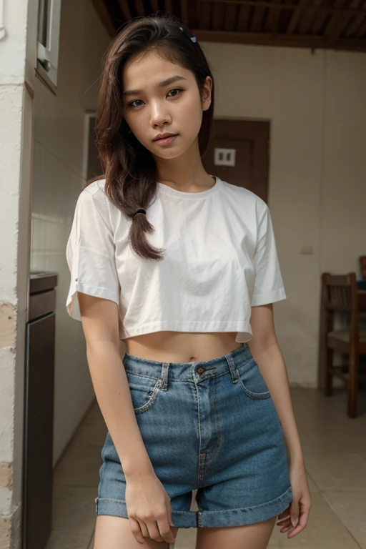 Lena is a 20-year-old beunwtte girl with waist-length black hair, short stature, medium breasts and a beautiful face. She is wearing a long white T-shirt and really short jeans. She has a beautiful and sweet face. Her slender short legs and athletic sneakers are visible. Her T-shirt is tied in a sexy knot. blur bedroom background. (Simple pose)