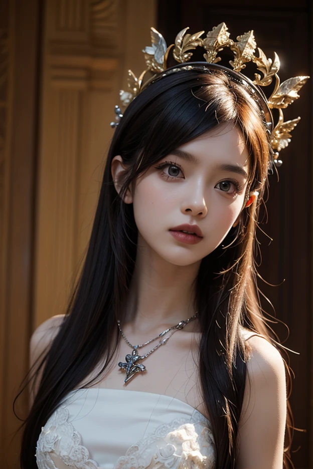 Best Quality, masutepiece, high_res, 1girl in, Hair Ornament, Necklace, Jewelry, Beautiful face, upon body, Tindall Effect, photographrealistic, Dark Studio, Rim lighting, two tone lighting, (High detailed skin:1.2), 8K UHD, Digital SLR, Soft lighting, High quality, Volumetric lighting, Candid, photograph, High resolution, 4K, 8K, Bokeh, medium breasts, Open fingers,