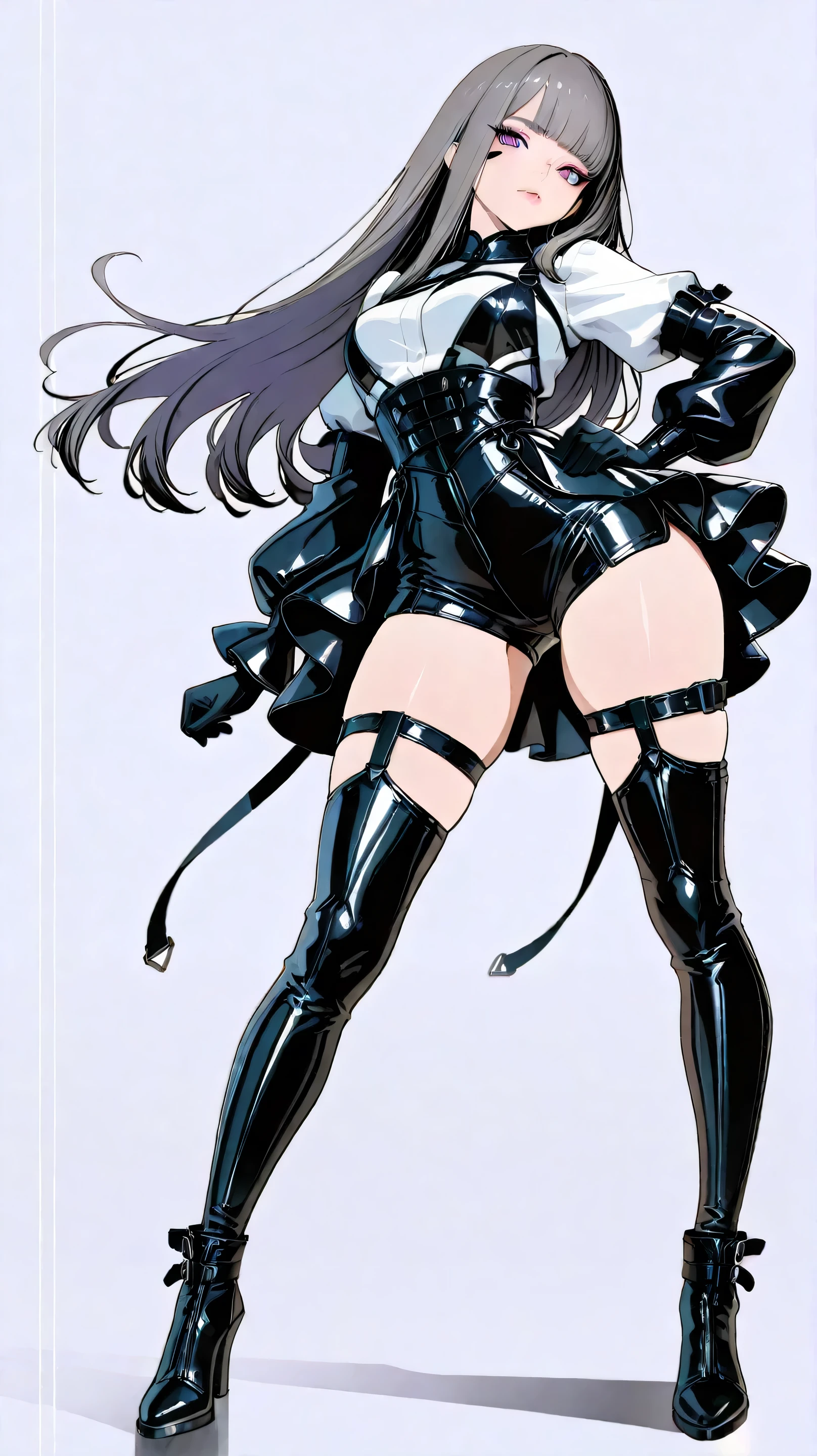 masterpiece, best quality, amazing quality, hyper-detailed, newest, 1girl, full body, grey hair, blunt bangs, long hair, sharp eyes, symmetrical eyes, natural eye shape, precise iris texture, high contrast pupils, intricate highlights, shiny reflections, highly refined lines, smooth hair texture, clean line art, sharp linework, latex outfit, dark silver, futuristic, metallic details, sleek silhouette, elegant, confident pose, standing tall with one hand on waist, sharp gaze, lips slightly pursed, cool and mysterious atmosphere, minimal background, subtle light, slight shadows on face, sophisticated, high fashion, elegant, powerful presence, shorts, stylish shorts, high-waisted shorts, modern fashion

